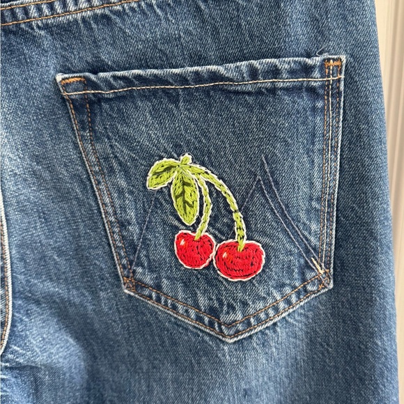 MOTHER Blue Straight Leg Jeans with Cherry Embroidery - Picture 4 of 11